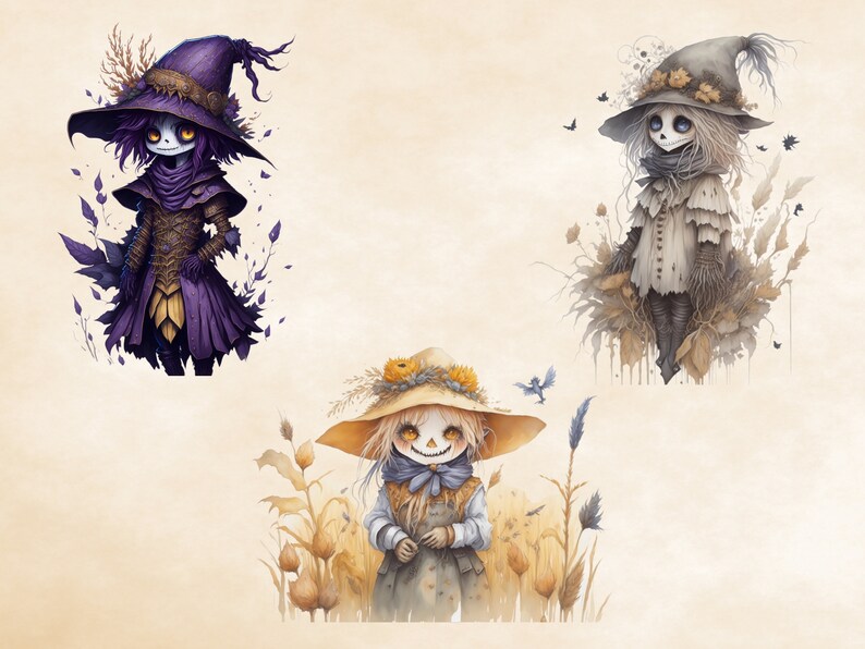 May include: Three whimsical illustrations of characters dressed in autumnal attire. A purple-clad witch with a pointed hat, a white-robed figure with a wide-brimmed hat, and a scarecrow with a straw hat and a pumpkin-like face.
