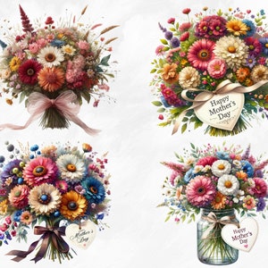 May include: Four bouquets of colorful flowers with a heart-shaped tag that says "Happy Mother's Day".
