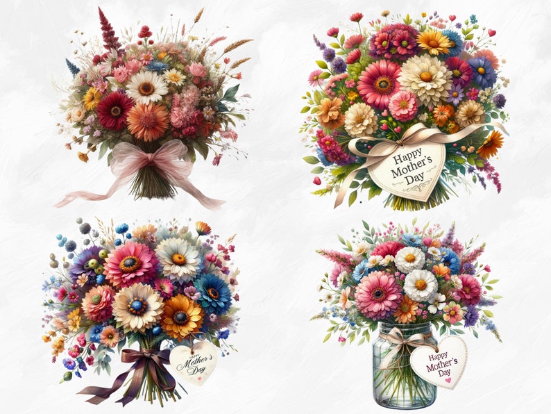 May include: Four bouquets of colorful flowers with a heart-shaped tag that says "Happy Mother's Day".