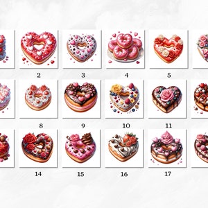 May include: A collection of 18 heart-shaped donuts with various toppings, including chocolate, sprinkles, fruit, and flowers. The donuts are arranged in a grid pattern on a white background.