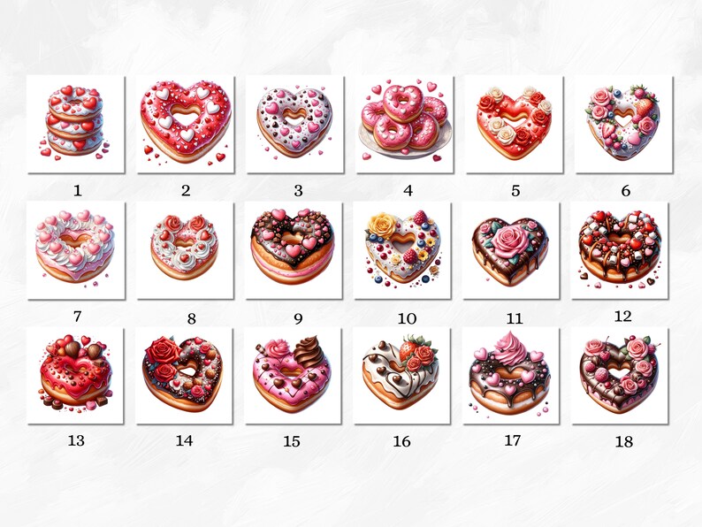 May include: A collection of 18 heart-shaped donuts with various toppings, including chocolate, sprinkles, fruit, and flowers. The donuts are arranged in a grid pattern on a white background.