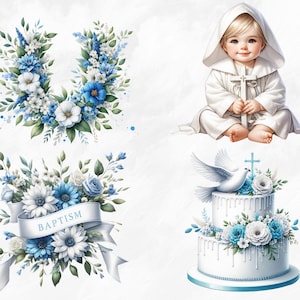 Pu&ograve; includere: Una torta bianca decorata con fiori blu e bianchi, una colomba bianca e una croce in cima. La torta &egrave; ricoperta di glassa bianca e decorata con fiori blu e bianchi. La torta &egrave; su un piatto bianco. Un nastro bianco con la parola "Battesimo" &egrave; visibile.