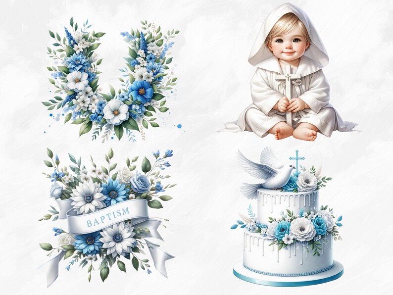 Pu&ograve; includere: Una torta bianca decorata con fiori blu e bianchi, una colomba bianca e una croce in cima. La torta &egrave; ricoperta di glassa bianca e decorata con fiori blu e bianchi. La torta &egrave; su un piatto bianco. Un nastro bianco con la parola "Battesimo" &egrave; visibile.