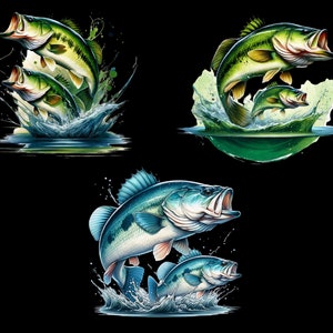 May include: Three images of largemouth bass jumping out of the water. The first image shows two bass, one larger than the other, jumping out of the water with splashes of water around them. The second image shows one bass jumping out of the water with splashes of water around it. The third image shows two bass, one larger than the other, jumping out of the water with splashes of water around them.