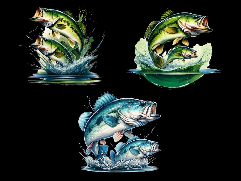 May include: Three images of largemouth bass jumping out of the water. The first image shows two bass, one larger than the other, jumping out of the water with splashes of water around them. The second image shows one bass jumping out of the water with splashes of water around it. The third image shows two bass, one larger than the other, jumping out of the water with splashes of water around them.