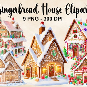 Watercolor Gingerbread House Clipart, 9 PNG Gingerbread House Clipart, Holiday Clipart, Gingerbread Clipart, Winter Clipart, Commercial Use