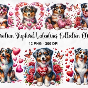 Aquarell Australian Shepherd Valentines Clipart, 12 PNG Valentinstag Clipart, Aussie Hund PNG, Süßer Hund Bundle, Welpe PNG, kommerzielle Nutzung
