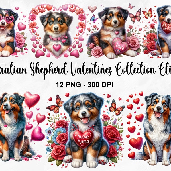 Watercolor Australian Shepherd Valentines Clipart, 12 PNG Valentines Day Clipart, Aussie Dog PNG, Cute Dog Bundle, Puppy PNG, Commercial Use