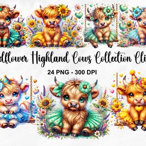 Aquarell Wildblumen Highland Kühe Sammlung Clipart, 24 PNG Baby Kuh Clipart, Sonnenblume Highland Kuh PNG, Geburtstag Kuh, kommerzielle Nutzung