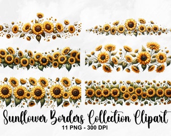 May include: A collection of 11 digital clipart images featuring sunflower borders. The borders are made up of yellow sunflowers with green leaves and stems. The images are 300 DPI.