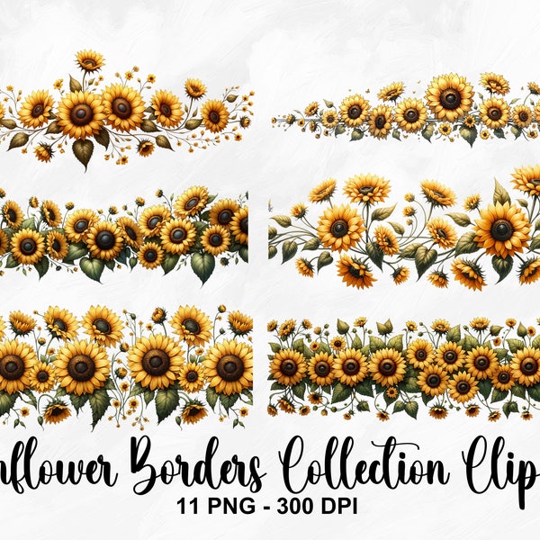 Watercolor Sunflower Borders Collection Clipart, 11 PNG Sunflower Clipart, Sunflower PNG Clipart, Botanical Art, Floral PNG, Commercial Use