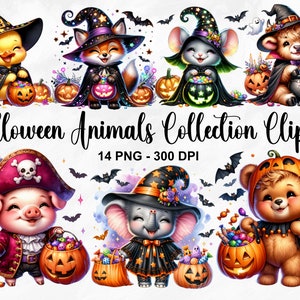 Aquarel Halloween dieren collectie clipart, 14 PNG Halloween clipart, schattige Halloween dieren clipart, dierlijke PNG bundel, commercieel gebruik