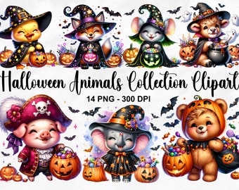 Könnte beinhalten: Eine Sammlung von 10 Halloween-Tier-Clipart-Bildern. Jedes Tier ist mit einem Hexenhut und einem Kostüm bekleidet und hält einen Eimer mit Süßigkeiten. Zu den Tieren gehören ein Fuchs, eine Maus, eine Kuh, ein Schwein, ein Elefant und ein Bär. Die Bilder sind im Cartoon-Stil gehalten und eignen sich perfekt für die Verwendung in Halloween-Bastelarbeiten, Dekorationen und Partyeinladungen.
