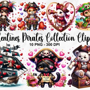 Aquarell Valentinstag Piraten Sammlung Clipart, 10 PNG Piraten Clipart, süße Piraten Clipart, Piratenschiff PNG, süße Tiere, kommerzielle Nutzung