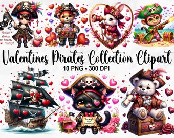 Watercolor Valentines Pirates Collection Clipart, 10 PNG Pirate Clipart, Cute Pirates Clipart, Pirate Ship PNG, Cute Animals, Commercial Use