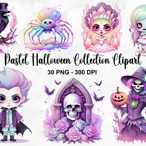 Kolekcja akwarelowych pastelowych Halloween Clipart, 30 PNG Halloween Clipart Bundle, Pastel Goth PNG, Pastel Halloween Clipart, Użytek Komercyjny