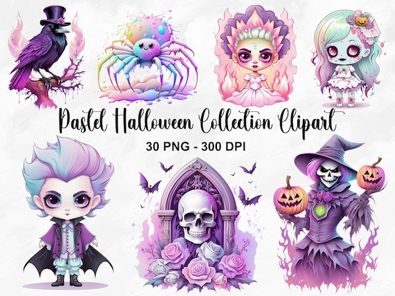 Watercolor Pastel Halloween Collection Clipart, 30 PNG Halloween Clipart Bundle, Pastel Goth PNG, Pastel Halloween Clipart, Commercial Use