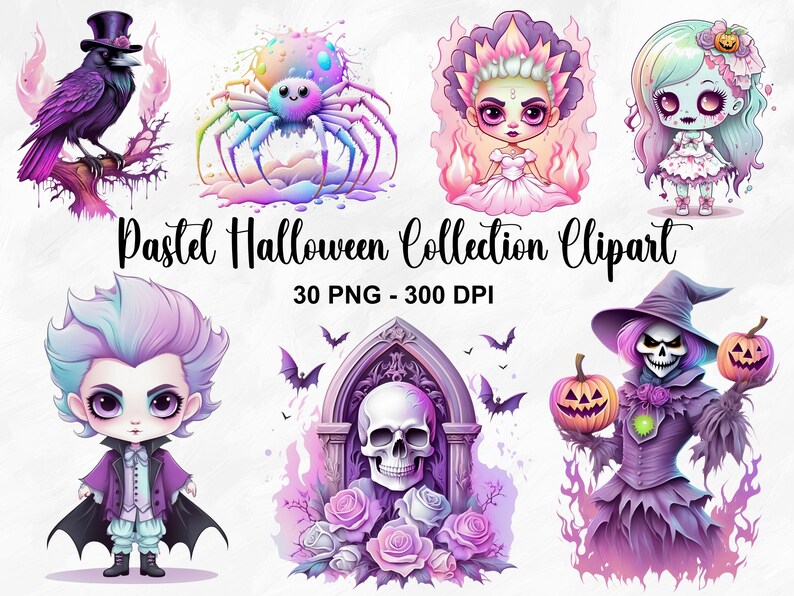 Watercolor Pastel Halloween Collection Clipart, 30 PNG Halloween Clipart Bundle, Pastel Goth PNG, Pastel Halloween Clipart, Commercial Use image 1