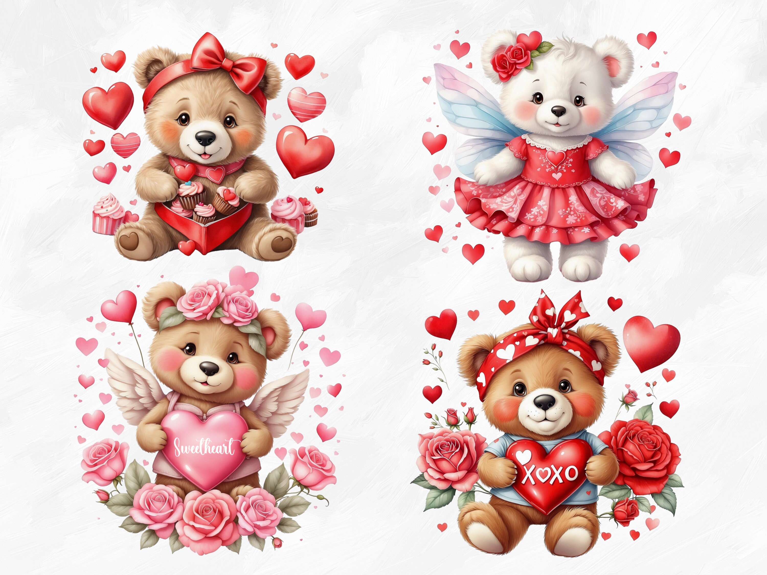 Watercolor Valentines Teddy Bear Clipart, 25 PNG Valentines Day Clipart ...