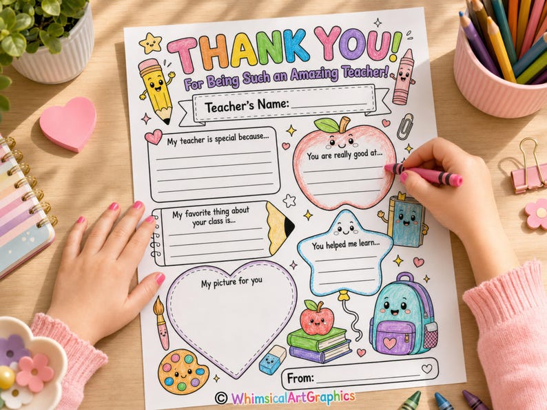 May include: A colorful "Thank You" teacher appreciation printable. The design includes a space for the teacher's name, drawings of an apple, star, and backpack, and the text "For Being Such an Amazing Teacher!"