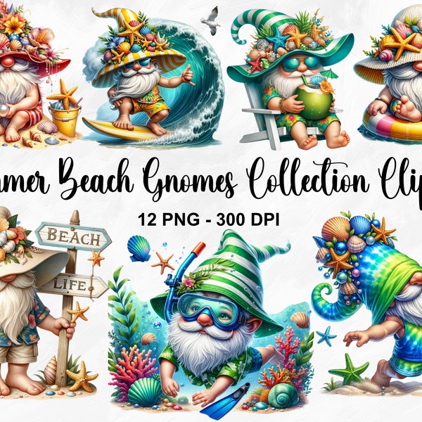 Watercolor Summer Beach Gnome Collection Clipart, 12 PNG Gnome Clipart, Beach Gnome Clipart, Summer Gnome Clipart, Gnome PNG, Commercial Use