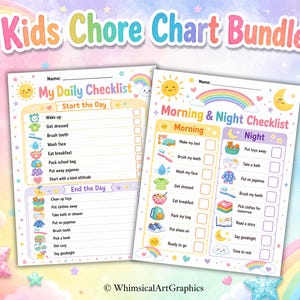 May include: A Kids Chore Chart Bundle featuring two printable checklists with pastel rainbow, star, sun, and moon graphics. The charts include sections for daily tasks, morning routines, and night routines with checkboxes and colorful icons.