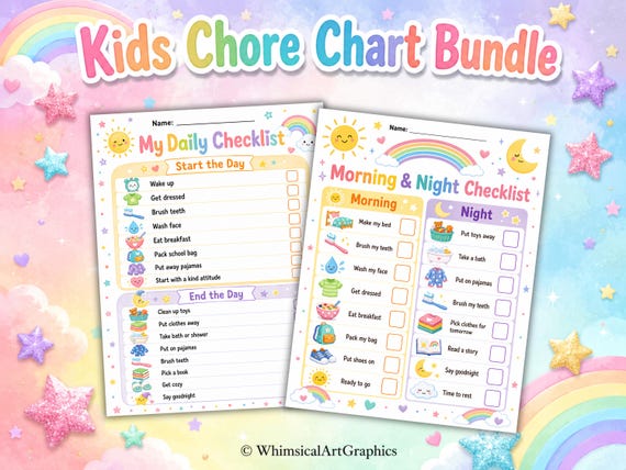 Kids Chore Chart Bundle Printable, Daily Routine Checklist, Reward Chart, Allowance Tracker, Behavior, Weekly Chores, Rainbow Charts
