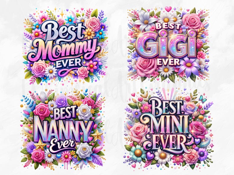 May include: Four digital illustrations of floral arrangements with colorful text that reads "Best Mommy Ever", "Best Gigi Ever", "Best Nanny Ever", and "Best Mini Ever".