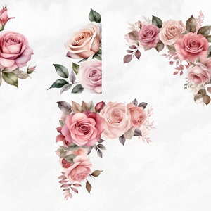 May include: Four corners of pink and white roses with green leaves, arranged in a floral design. The roses are watercolor painted and have a vintage aesthetic.