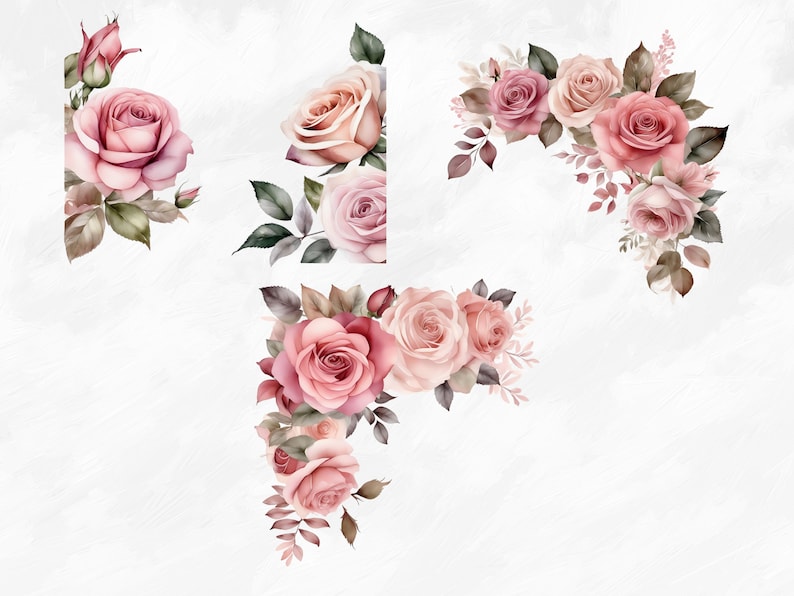 May include: Four corners of pink and white roses with green leaves, arranged in a floral design. The roses are watercolor painted and have a vintage aesthetic.