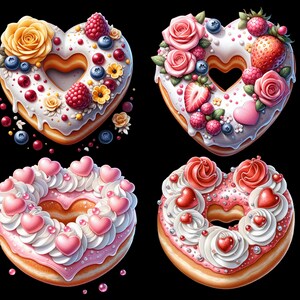 May include: Four heart-shaped donuts decorated with frosting, sprinkles, and various toppings. Two donuts have pink frosting with white hearts and white frosting with pink hearts. One donut has white frosting with yellow flowers and red berries. The last donut has white frosting with pink roses and red strawberries.