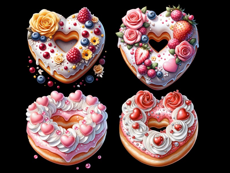 May include: Four heart-shaped donuts decorated with frosting, sprinkles, and various toppings. Two donuts have pink frosting with white hearts and white frosting with pink hearts. One donut has white frosting with yellow flowers and red berries. The last donut has white frosting with pink roses and red strawberries.