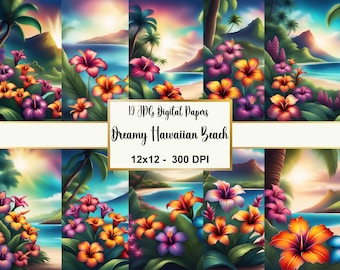 Dreamy Hawaiian Beach Scenes Digital Paper, Beach Scenes Junk Journal Kit, Dreamy Watercolor Tropical Islands, Watercolor Hawaii Clipart
