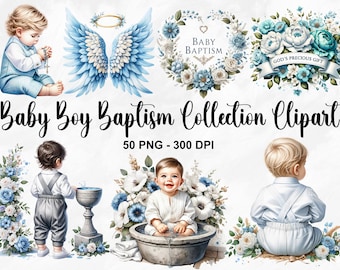Watercolor Baby Boy Baptism Collection Clipart, 50 PNG Baptism Clipart, Christening Graphics, Blue Christian PNG Bundle, Commercial Use