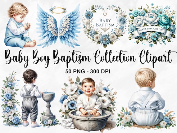 Watercolor Baby Boy Baptism Collection Clipart, 50 PNG Baptism Clipart, Christening Graphics, Blue Christian PNG Bundle, Commercial Use