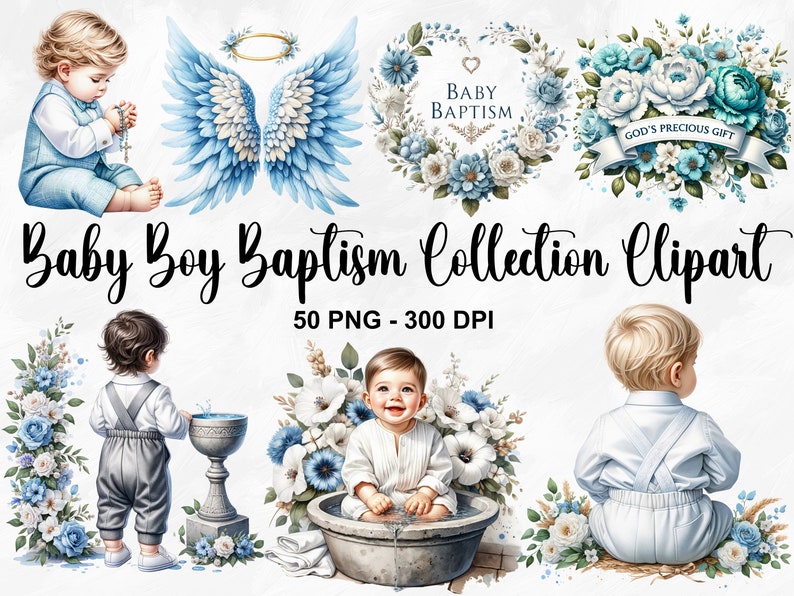 Pu&ograve; includere: Una collezione di 50 immagini clipart digitali per battesimi di bambini maschi. Le immagini includono un bambino maschio con un abito da battesimo bianco, un bambino maschio in un completo blu, un paio di ali d'angelo, una ghirlanda di fiori blu e bianchi con il testo "Battesimo di bambino", e una ghirlanda di fiori blu e bianchi con il testo "Il prezioso dono di Dio".