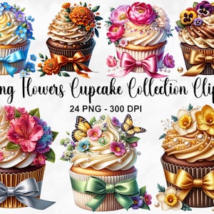 Acuarela primavera flores cupcake colección clipart, 24 PNG primavera clipart, cupcake clipart, postre clipart, cupcakes lindos, uso comercial