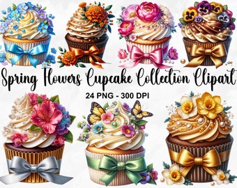Aquarell Frühlingsblumen Cupcake Sammlung Clipart, 24 PNG Frühling Clipart, Cupcake Clipart, Dessert Clipart, süße Cupcakes, kommerzielle Nutzung