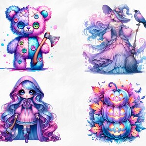 K&ouml;nnte beinhalten: Ein Set aus vier digitalen Illustrationen mit einem rosa-blauen Teddyb&auml;r, der eine Axt h&auml;lt, einer Hexe mit rosa-blauem Haar, die einen Besen h&auml;lt, einem M&auml;dchen mit rosa-blauem Haar, das eine Axt h&auml;lt, und drei &uuml;bereinander gestapelten K&uuml;rbissen mit rosa-blauen Akzenten.
