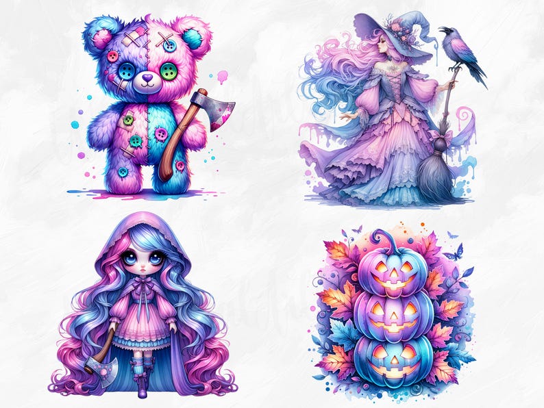 K&ouml;nnte beinhalten: Ein Set aus vier digitalen Illustrationen mit einem rosa-blauen Teddyb&auml;r, der eine Axt h&auml;lt, einer Hexe mit rosa-blauem Haar, die einen Besen h&auml;lt, einem M&auml;dchen mit rosa-blauem Haar, das eine Axt h&auml;lt, und drei &uuml;bereinander gestapelten K&uuml;rbissen mit rosa-blauen Akzenten.