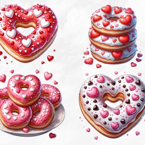 May include: Four heart-shaped donuts with pink and white frosting and sprinkles. Two donuts are stacked on a plate, and two are floating in the air. The donuts are decorated with pink and white hearts.