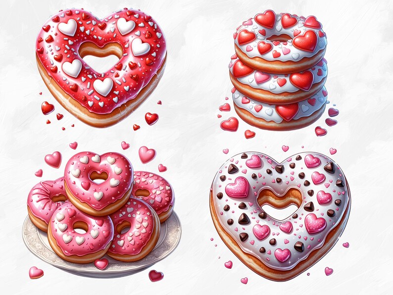 May include: Four heart-shaped donuts with pink and white frosting and sprinkles. Two donuts are stacked on a plate, and two are floating in the air. The donuts are decorated with pink and white hearts.