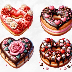 May include: Four heart-shaped donuts decorated for Valentine's Day. Two donuts are topped with chocolate frosting and pink and red sprinkles. One donut is topped with red frosting and white and red roses. The last donut is topped with chocolate frosting and a large pink rose.