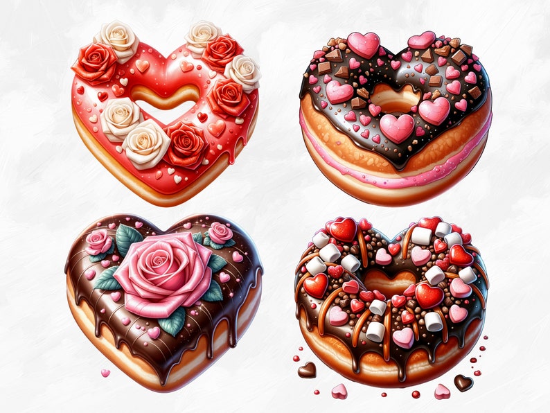 May include: Four heart-shaped donuts decorated for Valentine's Day. Two donuts are topped with chocolate frosting and pink and red sprinkles. One donut is topped with red frosting and white and red roses. The last donut is topped with chocolate frosting and a large pink rose.