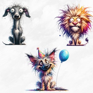 May include: Three cartoon animals with exaggerated features. A gray dog with a long snout and large eyes, a lion with a colorful mane and a surprised expression, and a brown dog wearing a party hat and holding a blue balloon.