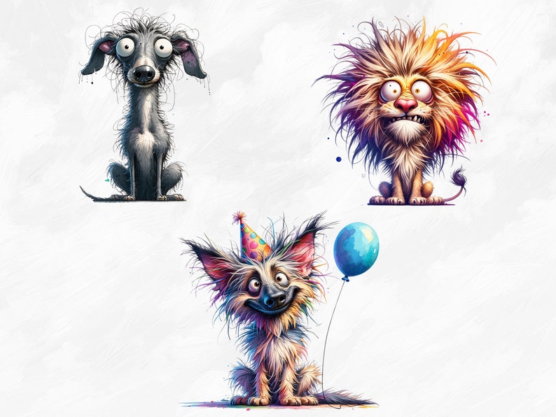 May include: Three cartoon animals with exaggerated features. A gray dog with a long snout and large eyes, a lion with a colorful mane and a surprised expression, and a brown dog wearing a party hat and holding a blue balloon.