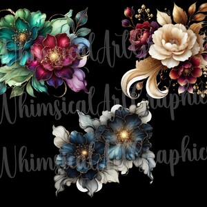 May include: Three digital floral arrangements with gold accents. The first arrangement features teal, purple, and burgundy flowers. The second arrangement features cream, burgundy, and gold flowers. The third arrangement features blue and white flowers.