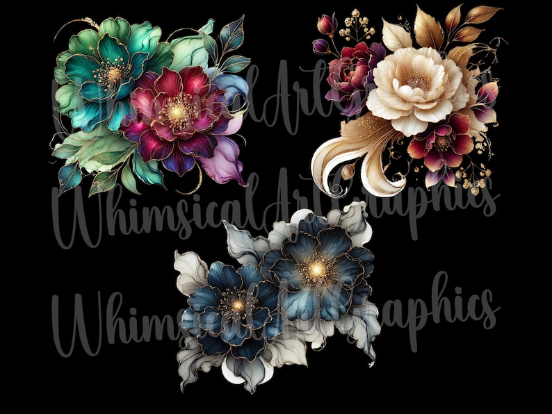 May include: Three digital floral arrangements with gold accents. The first arrangement features teal, purple, and burgundy flowers. The second arrangement features cream, burgundy, and gold flowers. The third arrangement features blue and white flowers.