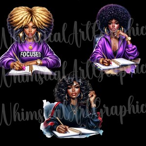 May include: Three digital illustrations of women with different hairstyles, each wearing purple clothing and writing in a notebook. The text "Focused" is on the notebook of the woman in the top left corner.