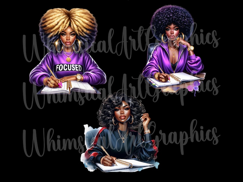 May include: Three digital illustrations of women with different hairstyles, each wearing purple clothing and writing in a notebook. The text "Focused" is on the notebook of the woman in the top left corner.